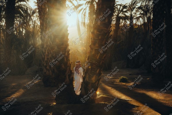 The image shows a person standing among palm trees during a sunset scene. The person is wearing traditional Arabian attire, including a thawb, ghutra, and agal, suggesting a setting from the Arabian Peninsula. Golden sunlight streams through the trees, creating a warm atmosphere.