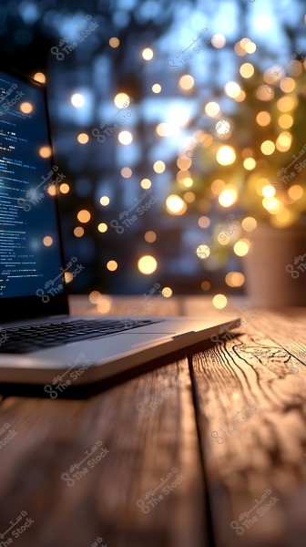An image showing a laptop placed on a wooden surface, with coding text visible on the screen. Behind the laptop, there are multiple colorful circular bokeh lights, creating a beautiful and calming effect in the background. The lights appear to be from decorative lighting in the background.