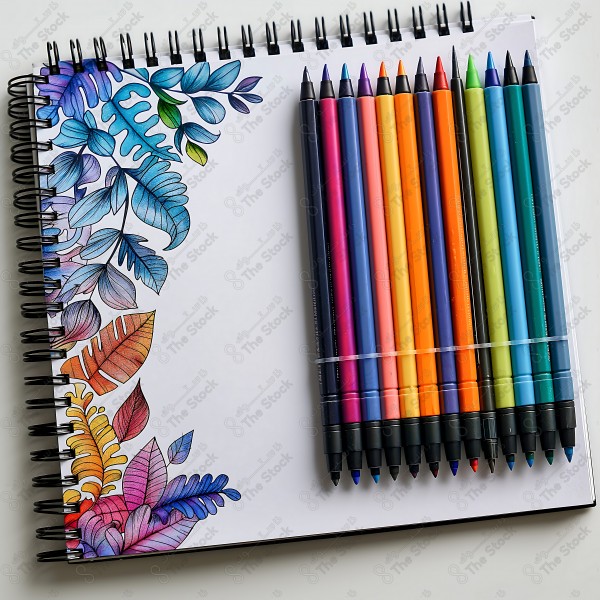 A set of colored markers placed on an open sketchbook with a colored drawing of plant leaves on the page. by AI