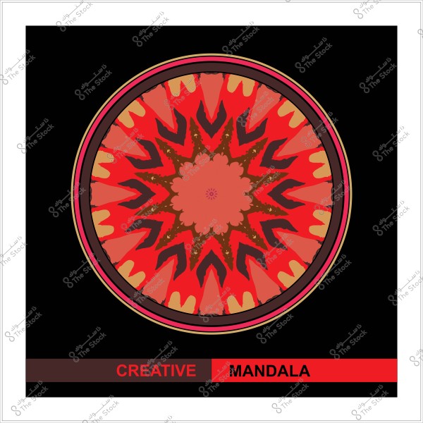تصميم ماندالا دائري بألوان حمراء وبرتقالية ودائرية مع نمط معقد على خلفية سوداء.
