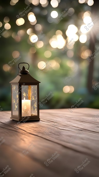 A decorative glass lantern with a lit candle inside, placed on a wooden surface. The background shows a blurred light with warm colors, creating a calm and cozy atmosphere.