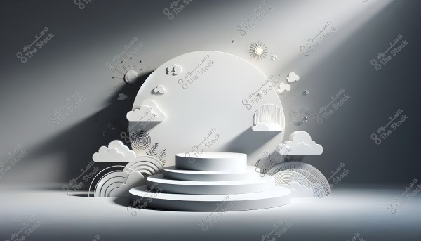 A 3D design of a white circular platform with three steps, surrounded by decorative elements such as clouds and black-and-white illustrative graphics. The background depicts a sky with sun rays, interlocking circles, and botanical patterns.