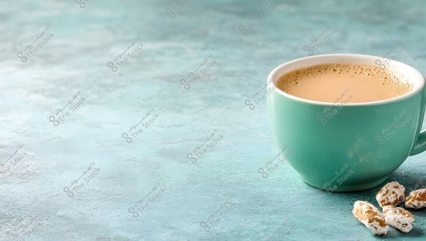 A large light green cup filled with latte tea, placed on a textured blue surface. Next to the cup, there are sugar-coated candies or nuts.