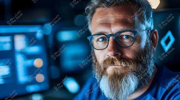 A portrait of a man wearing glasses sitting in front of a lit computer screen. He appears to be working in a dimly lit environment, with hair and a beard that have a mix of blonde and white colors. He is wearing a blue shirt.
