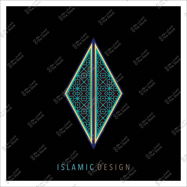 Islamic geometric design with blue and gold colors on a black background with the text "Islamic Design".