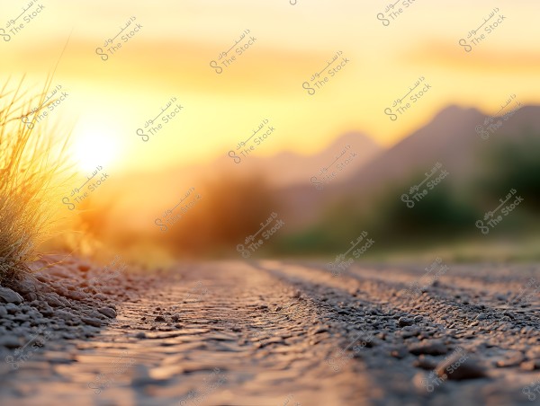 A dirt road stretches into the distance in a natural setting, bordered by wild grasses on both sides, with mountains visible in the background. The light suggests a sunrise, bathing the scene in warm golden colors.