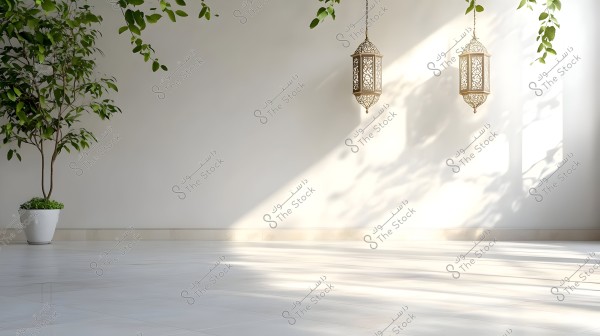 The image shows a sunlit indoor terrace with a glossy white floor. On the left side, there is a large green plant in a white pot. On the wall, there are two decorative lanterns hanging, casting soft shadows and creating a calm and contemporary ambiance.