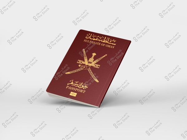 Image of an Omani passport in burgundy red color. The passport displays the national emblem printed in gold and the words \"Sultanate of Oman\" in both Arabic and English. It also includes the word \"Passport\" in both languages. The passport is shown at an angle against a white background.