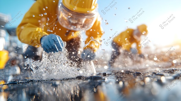The image shows two people wearing protective gear, including yellow helmets, jackets, and blue gloves, working in a wet environment that appears to be a work site or construction area. Water droplets are splashing around them.