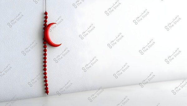 An image of a red pendant hanging on a white wall. The pendant includes spherical red beads and a red crescent. The design is simple and elegant, set against a pristine white background that conveys tranquility.