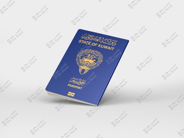 An image of a blue passport cover displayed on a white background. The cover features the text \"State of Kuwait\" in both Arabic and English, underneath which is the emblem of Kuwait. There is also a symbol representing an electronic travel document at the bottom.