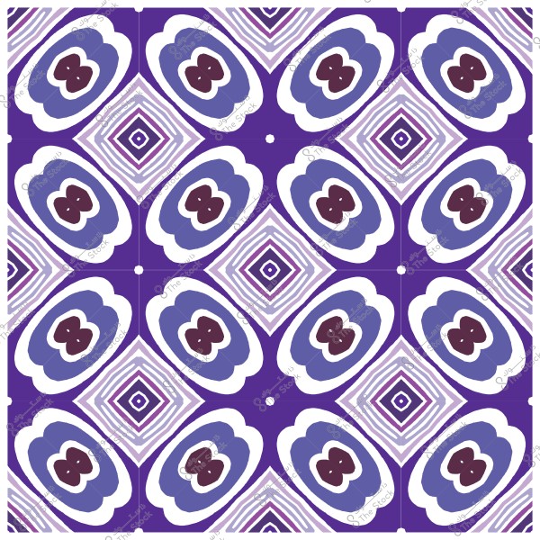 تصميم نمط هندسي متكرر بألوان البنفسجي والأزرق والأبيض, يتضمن أشكال ماسية وزخارف بيضاوية متداخلة.