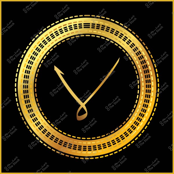 ساعة أنيقة بتصميم ذهبي على خلفية سوداء. الإطار الخارجي للساعة مزخرف بنمط نقاط وخطوط ذهبية, بينما تظهر عقارب الساعة الرشيقة بلون ذهبي تلتقي في منتصف الساعة بتصميم مبتكر.

-