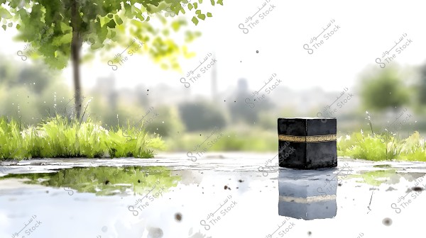 A watercolor painting of the Kaaba surrounded by a green landscape and bright sky. In the foreground, the reflection of the Kaaba is visible in a pool of water. A lush green tree adds beauty to the natural surrounding scene.