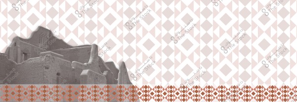 An image of a traditional clay building positioned on the left side. The building features distinctive traditional architectural details seen in the walls and corners. The background displays a repeating geometric pattern in white and pink hues, with the bottom area featuring reddish-brown geometric designs.