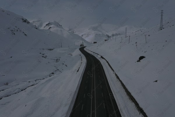 Aerial image of a frozen road in Turkey