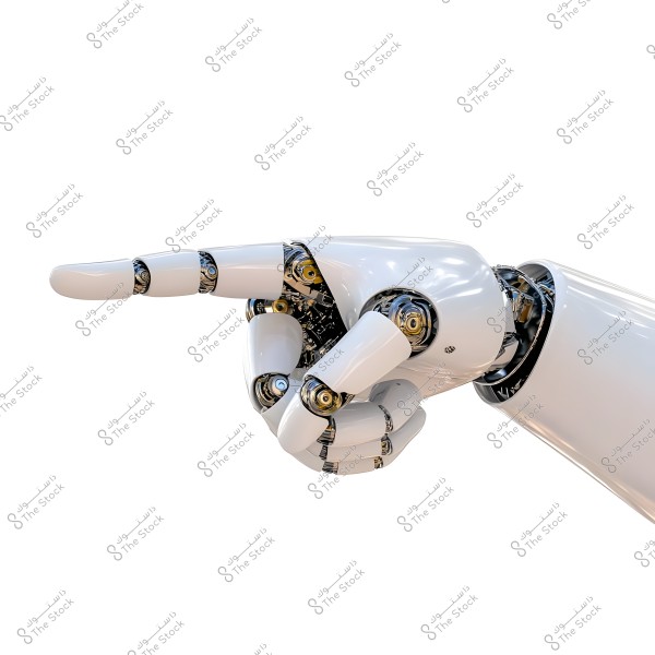 Image shows a robotic hand in white, featuring gold and silver metallic joints. The hand is pointing with its index finger, displaying intricate technical details in high quality, set against a white background.