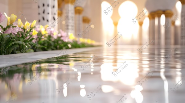 The image shows light reflections on a serene pool of water inside a mosque with elegant Islamic decor. Colorful flowers in shades of pink and yellow line the sides of the pool, with ornate columns and a ceiling in the background. Golden light fills the space, creating a tranquil and beautiful atmosphere.
