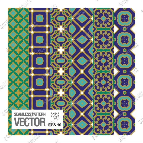 Islamic ornamental patterns in multicolors including blue, green, and gold, intricate and interwoven in a repeating design.