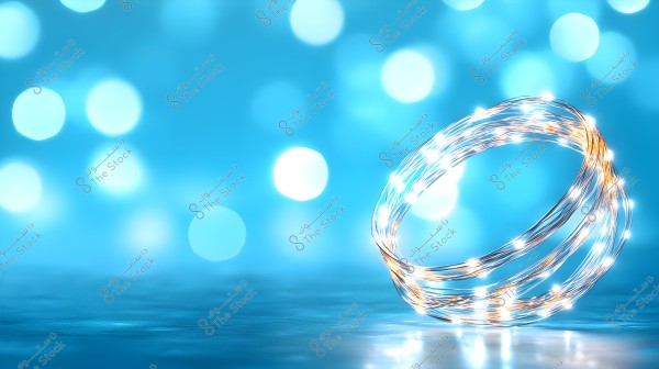 Image of a shiny blue background featuring a circular loop made of glowing wires, emitting white and orange light. The surface below appears watery with reflections of the lights, and the background contains large, blurred light spots.