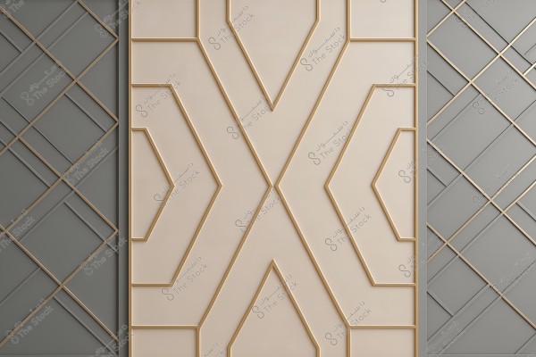 Geometric design featuring walls with intersecting gold lines and triangles on two different colored backgrounds. The left and right sections display a gray design with intersecting gold lines, while the center section showcases a beige color with gold lines arranged symmetrically in an \"X\" pattern.