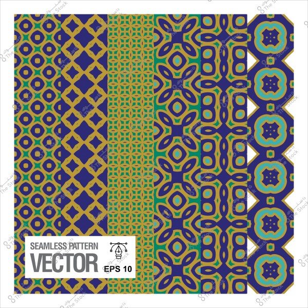 تصميمات زخرفية لأربعة أنماط متكررة بألوان زرقاء وخضراء وذهبية.