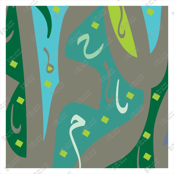 لوحة تجريدية بألوان متعددة مثل الرمادي والأزرق والأخضر, مع أشكال منحنية وخطوط تعبر عن تصميم حركي ونمط زخرفي. توجد مربعات صغيرة باللون الأخضر الفاتح متناثرة في أنحاء الصورة لإضافة تباين.

-