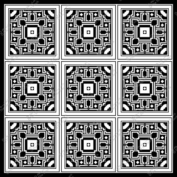 تصميم هندسي مكون من تسعة مربعات مرتبة, يحتوي كل مربع على نمط زخرفي عربي باللونين الأسود والأبيض.