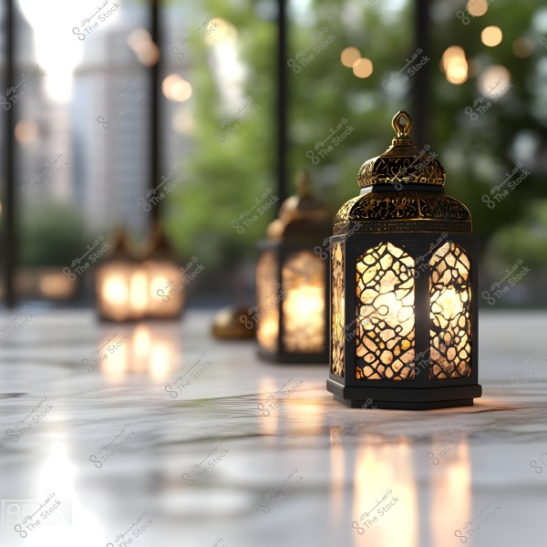 An image of traditional oriental lanterns illuminated on a marble surface, with a blurred background of trees and a modern cityscape. The decorative details of the lanterns, made of metal and lace-like patterns, add a magical touch to the scene.