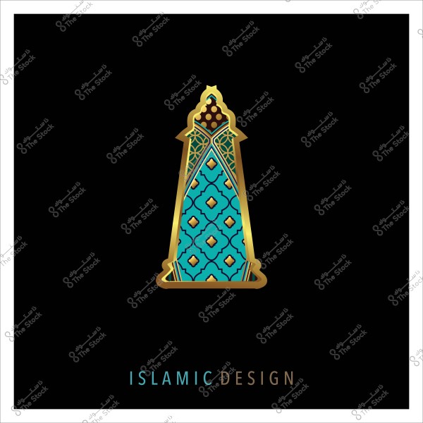 تصميم زخرفي إسلامي باللونين الأزرق والذهبي على خلفية سوداء مع عبارة "ISLAMIC DESIGN".