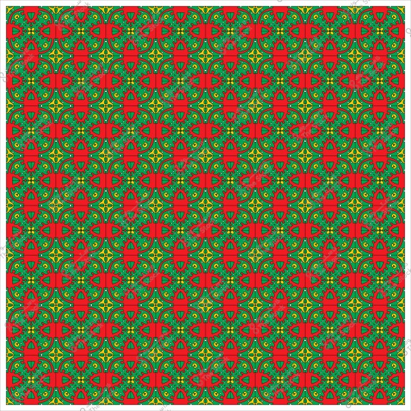 Geometric pattern with decorative shapes in red, green, and yellow.