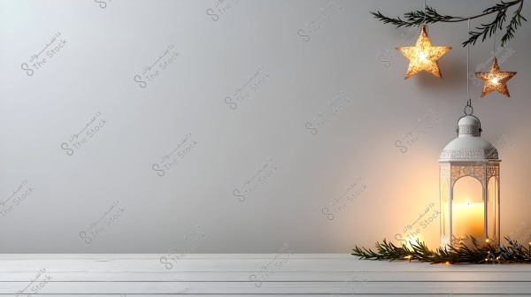 An image depicting a white metal lantern lit by a large candle, placed on a white wooden table. The lantern is surrounded by decorative tree branches with small lights. In the background, there are two lit stars hanging from a branch.