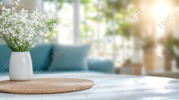 A white vase containing small white flowers placed on a white table with a round woven placemat. In the background, there is a blue cushion and a sunlit ambiance.