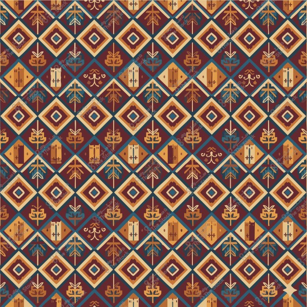 A decorative textile design featuring geometric patterns inspired by traditional motifs. The pattern includes square and diamond shapes in dark brown, gold, and blue, adorned with botanical symbols like trees and leaves. The colors blend dark red, orange, yellow, and blue to create a beautiful contrast, giving it an appearance of art inspired by traditional culture.