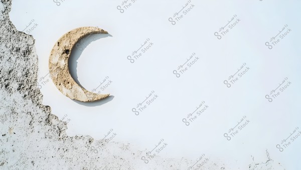 The image shows a crescent-shaped stone in a yellowish-brown color embedded on a rough white wall. The crescent is positioned towards the left side of the wall, where the wall surface appears eroded with a textured finish.