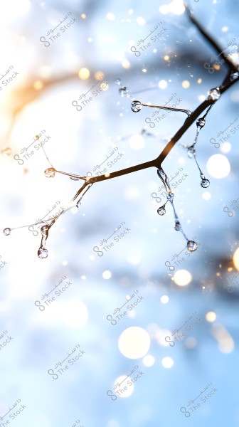 An image of a slender tree branch adorned with small, sparkling water droplets under sunlight. The background is blurred with blue hues and bright light streaks, creating a dreamy and enchanting effect. The close-up photography highlights the water droplets distinctly and attractively.