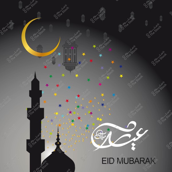 تصميم يظهر الهلال الذهبي وفانوس وزهور ملونة مع عبارة \"عيد مبارك\" بالخط العربي.