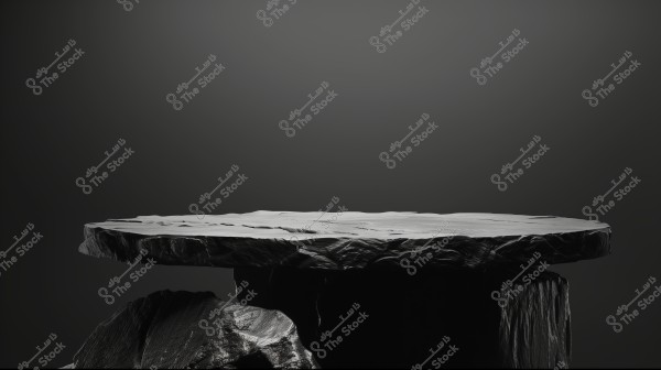 An image of a large, flat table made of dark stone, featuring rough surface details and uneven edges, standing on rock-like bases against a dark gray background.