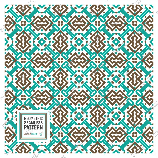 Geometric seamless pattern in brown and turquoise colors with an intricate design.