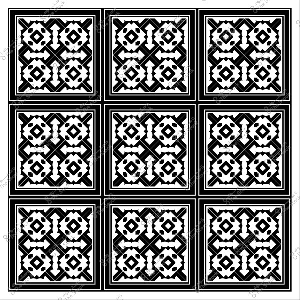تصميم هندسي متماثل مكون من تسع بلاطات مربعة باللونين الأسود والأبيض, يحتوي على نقوش هندسية تقليدية متداخلة.