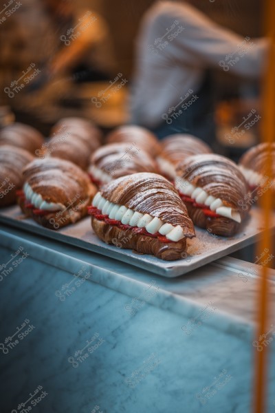 Display of croissants filled with cream and fruit on a bakery table.