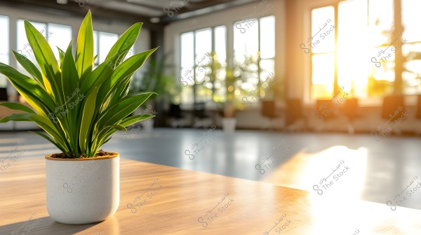 A green plant in a white pot placed on a wooden table in a bright room. The image showcases golden sunlight streaming through large windows in the background, giving the space a warm and inviting feel. The background is blurred, suggesting a spacious indoor area, possibly an office setting.