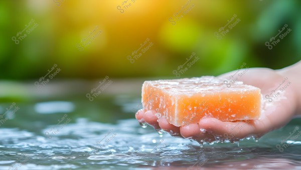 A hand holding a piece of orange soap above a water surface with a blurry green natural background. Water appears to be dripping from the soap, indicating it is wet.