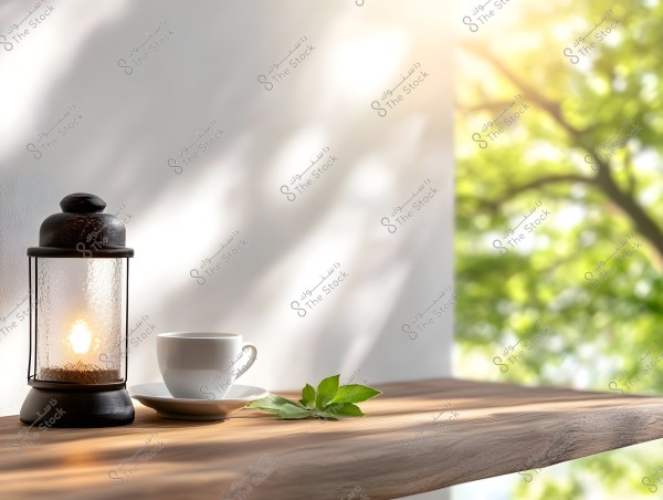 A black, traditionally designed lamp lit on a wooden table next to a white cup and saucer. Green leaves are placed beside the cup, with a blurred outdoor background featuring sunlit foliage.