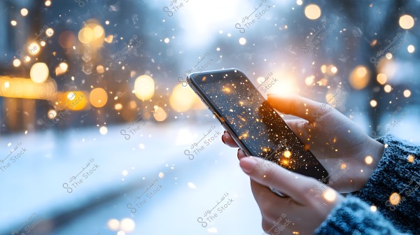 The image shows hands holding a smartphone in a winter setting, with snow visibly falling. The background features golden bokeh lights, adding a warm contrast to the cold surroundings. The hand is covered with a knitted jacket for warmth.
