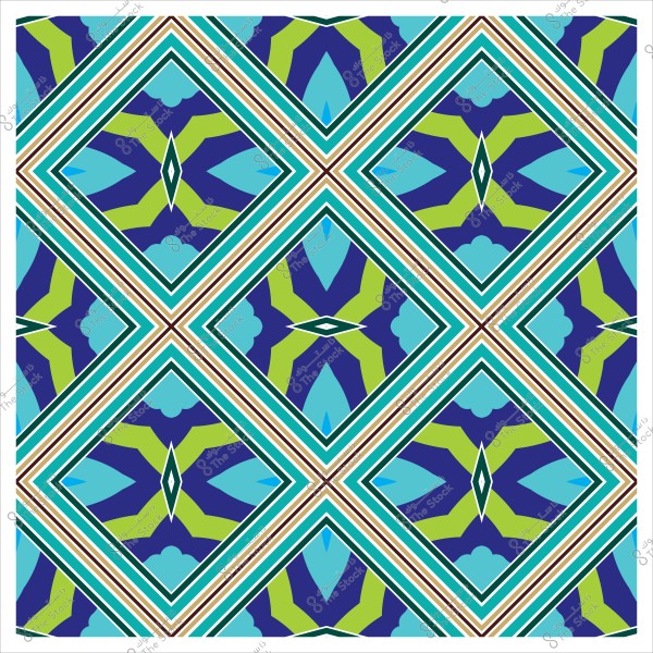 Colorful geometric pattern featuring diamond shapes and motifs in light and dark blue and green.