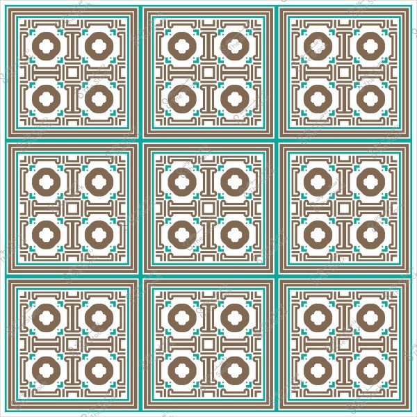 Decorative geometric pattern design featuring repeated squares in brown, blue, and white, incorporating floral shapes and intersecting patterns.