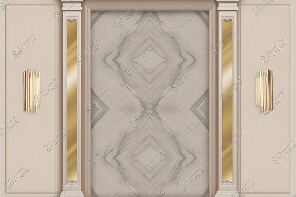 Image of a luxurious decorative wall with a large panel in the center featuring marble-like patterns in beige and gray tones. The wall includes ornate columns with vertical gold insets and metallic gold wall sconces that match the elegant room design.