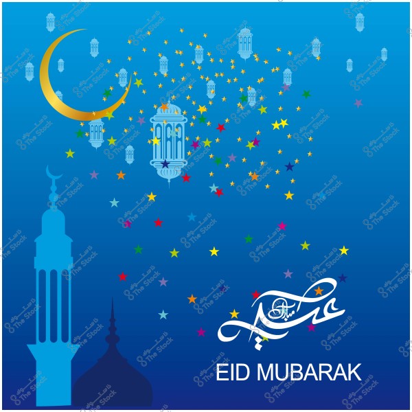 Eid greeting card design featuring a crescent moon, lanterns, and star decorations with the phrase \"Eid Mubarak\" in Arabic and English.