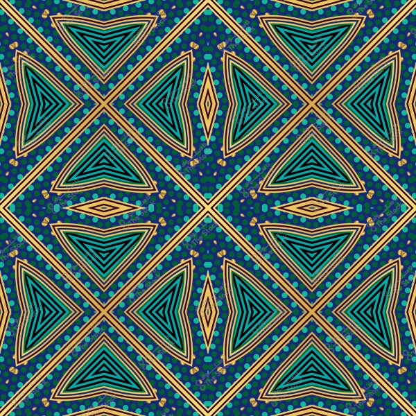 نمط هندسي متعدد الألوان يتكون من مثلثات ومستطيلات بألوان الأزرق والأصفر والبني على خلفية منقطّة زرقاء داكنة.